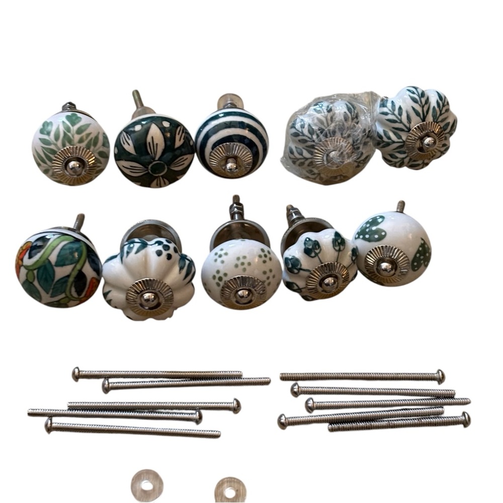 12 Hand-Painted Ceramic Drawer Knobs - White & Green Floral Set